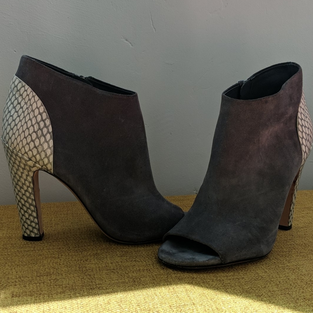 Open-Toed VINCE Snake and Grey Heels